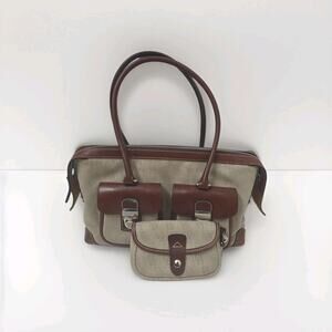 Dooney & Bourke Double Pocket Bag Tan Signature Purse + Matching Wristlet Clean